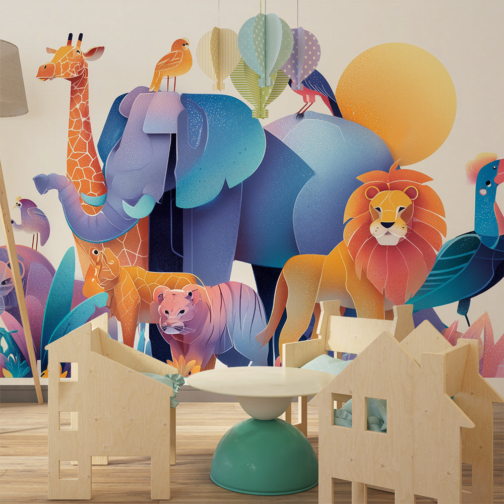 Kids-Mundo colourful safari wall mural featuring a lion and toucan in a bright kids bedroom