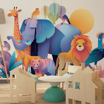 Kids-Mundo colourful safari wall mural featuring a lion and toucan in a bright kids bedroom