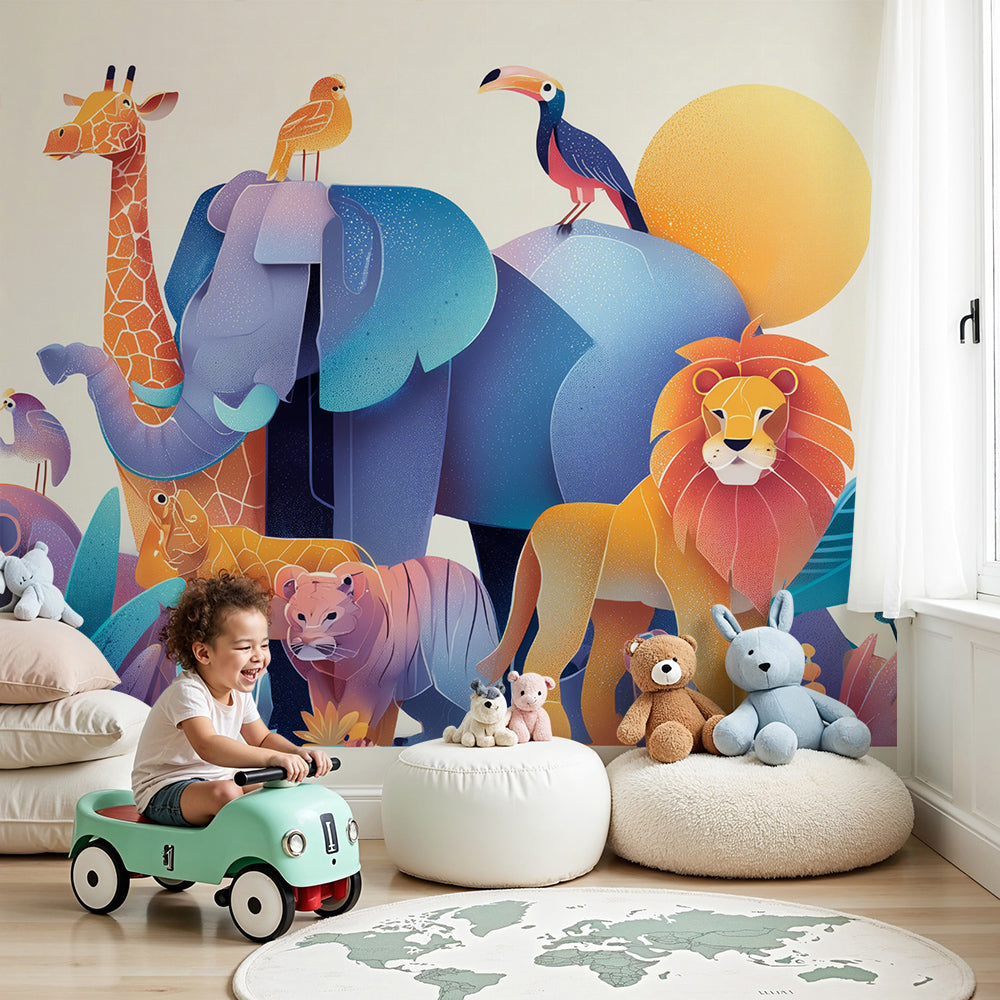 Kids-Mundo safari animal wall mural with giraffe and elephant in a soft neutral nursery