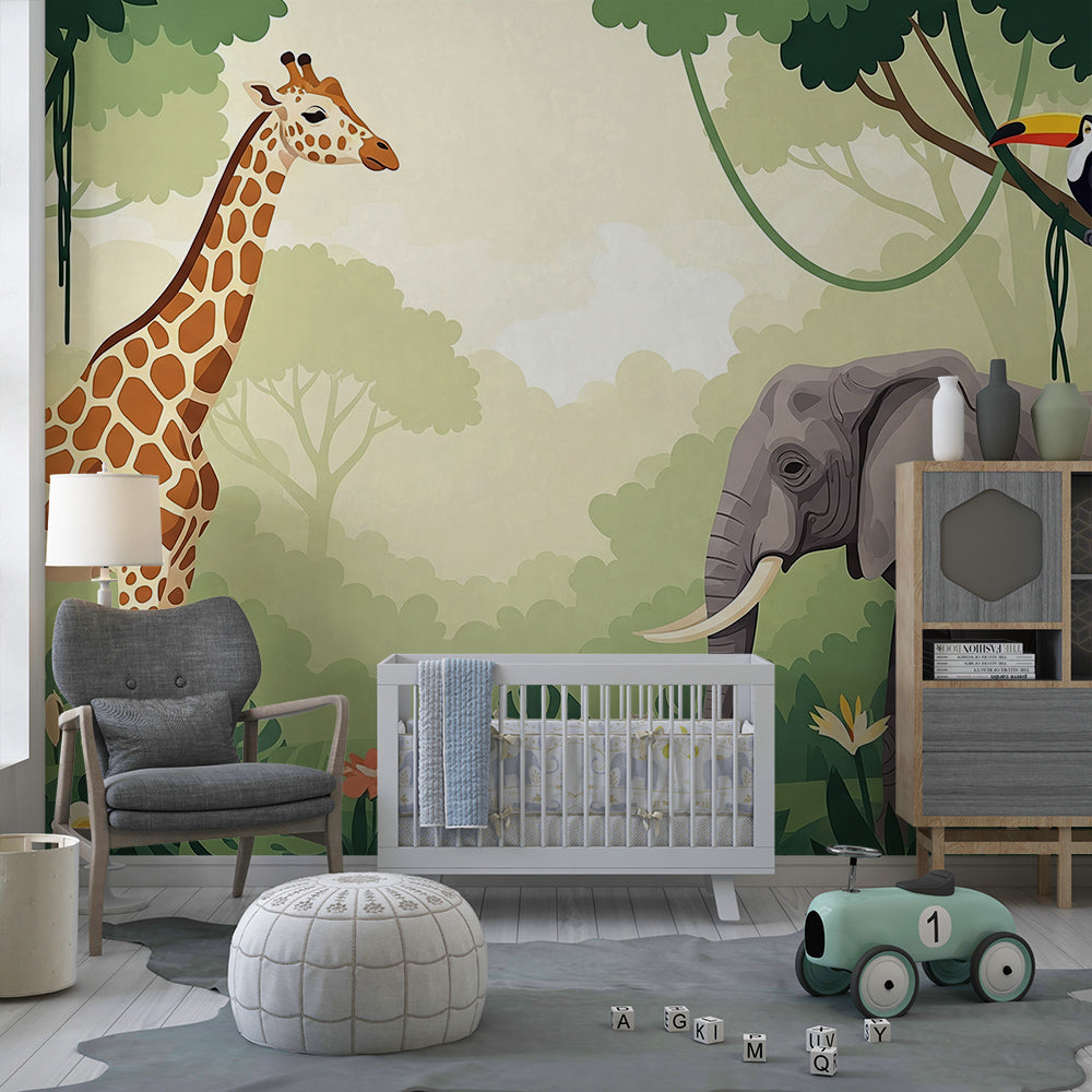 Kids-Mundo jungle animal wall mural featuring an elephant and giraffe in a kids bedroom wall