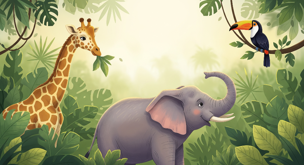 Giraffe, Elephant and Toucan Jungle Wall Mural