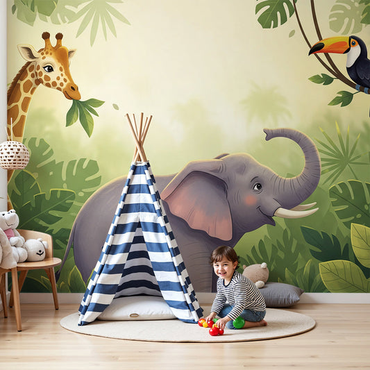 Kids-Mundo giraffe and elephant jungle wall mural styled in a soft, calm baby nursery setting.