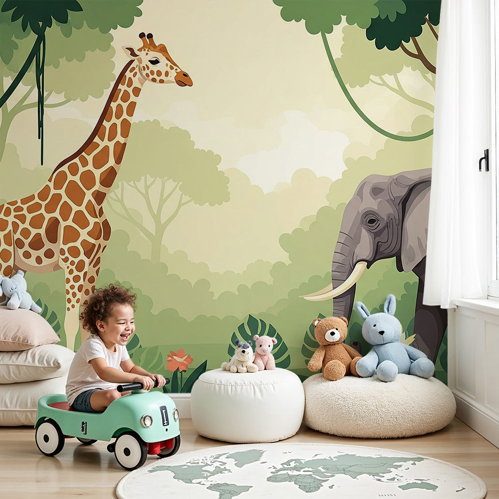 Kids-Mundo jungle animal wall mural with giraffe and toucans shown in a baby's nursery room
