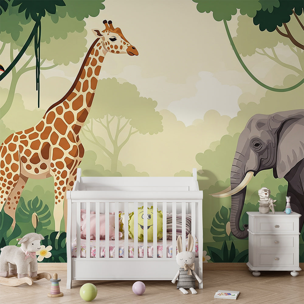 Kids-Mundo jungle animal wall mural with toucans and giraffe brightening a children's playroom