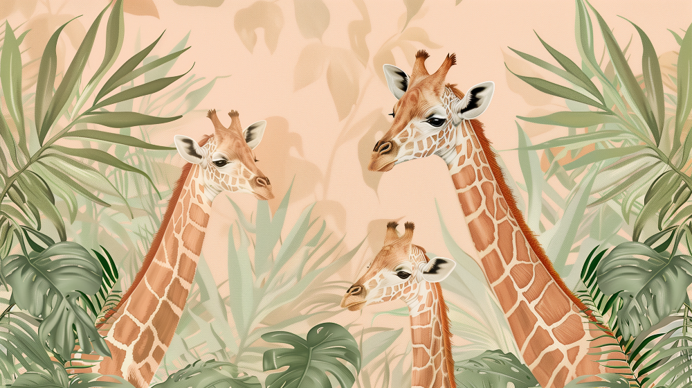 Giraffe Family Among Tropical Leaves Wall Mural
