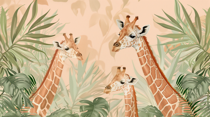 Kids-Mundo illustrated artwork of three giraffes and tropical leaves on a peach background