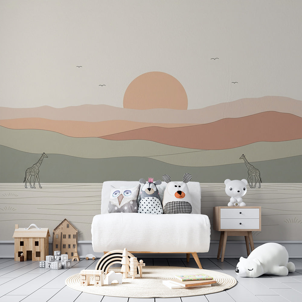 Kids-Mundo giraffe family wall mural made to measure, styled on a bright playroom wall