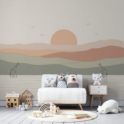 Kids-Mundo giraffe family wall mural made to measure, styled on a bright playroom wall