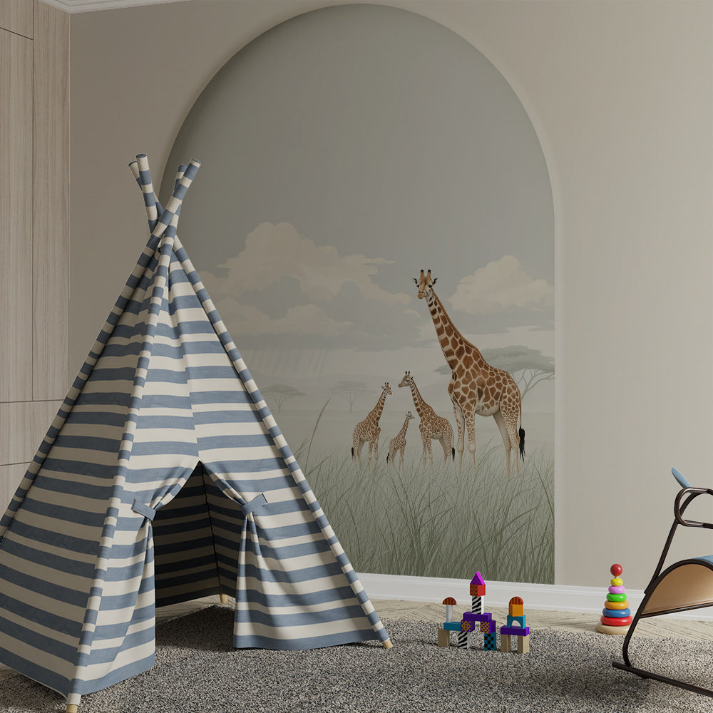 Kids-Mundo giraffe wall mural featuring a giraffe family under clouds in a kids bedroom wall