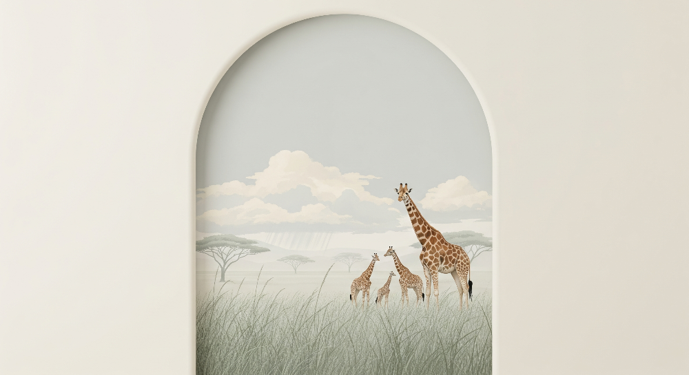 Kids-Mundo giraffe wall mural flat artwork showing a mother giraffe and two calves in grass