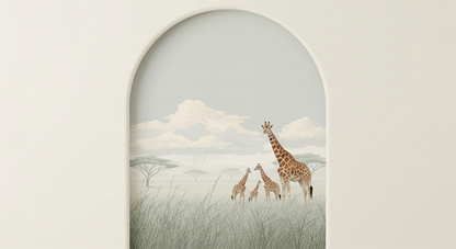 Kids-Mundo giraffe wall mural flat artwork showing a mother giraffe and two calves in grass