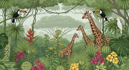 Flat artwork of the Kids-Mundo giraffe family jungle wall mural with toucans and a cockatoo