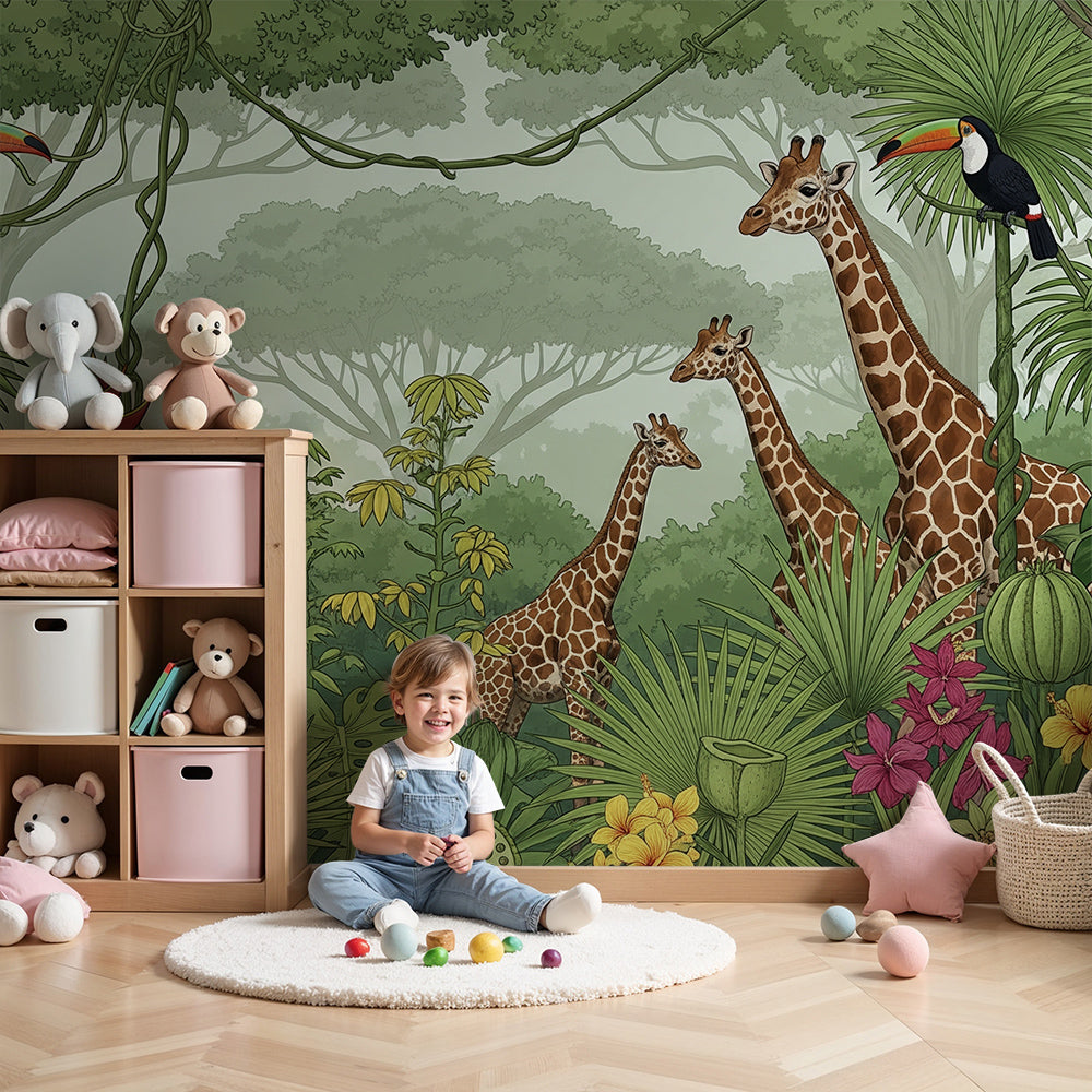 Kids-Mundo giraffe family jungle wall mural behind a cot in a warm green nursery