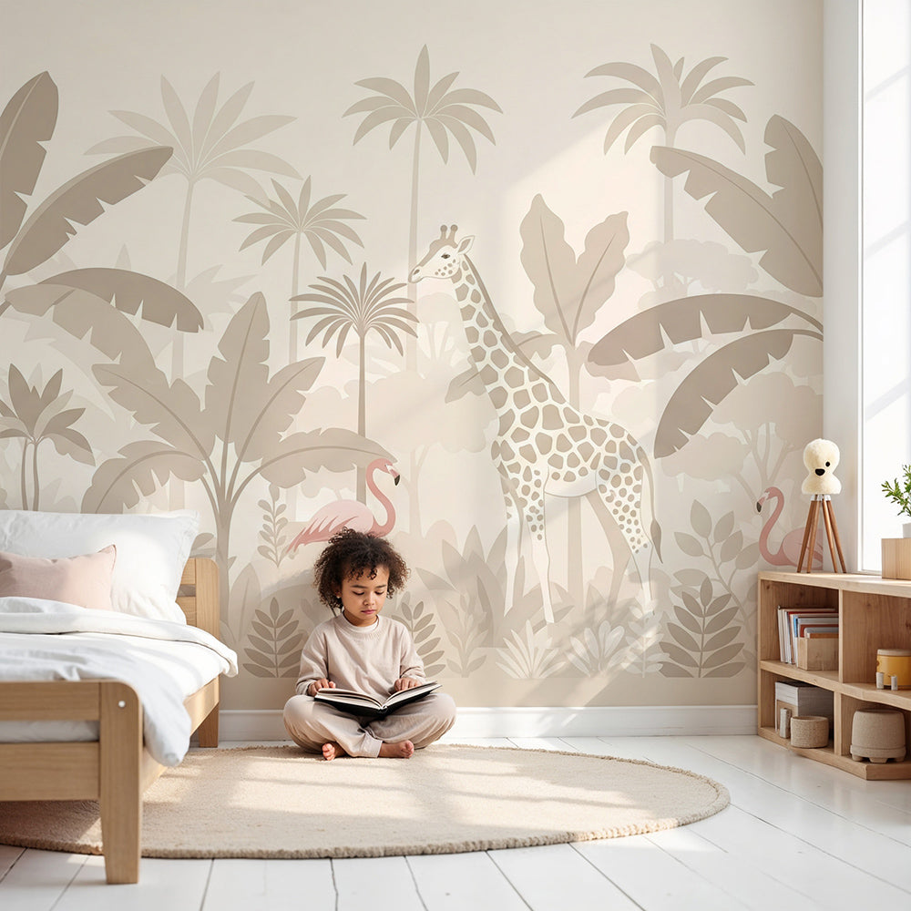 Kids-Mundo giraffe and flamingo jungle wall mural made to measure in a neutral nursery