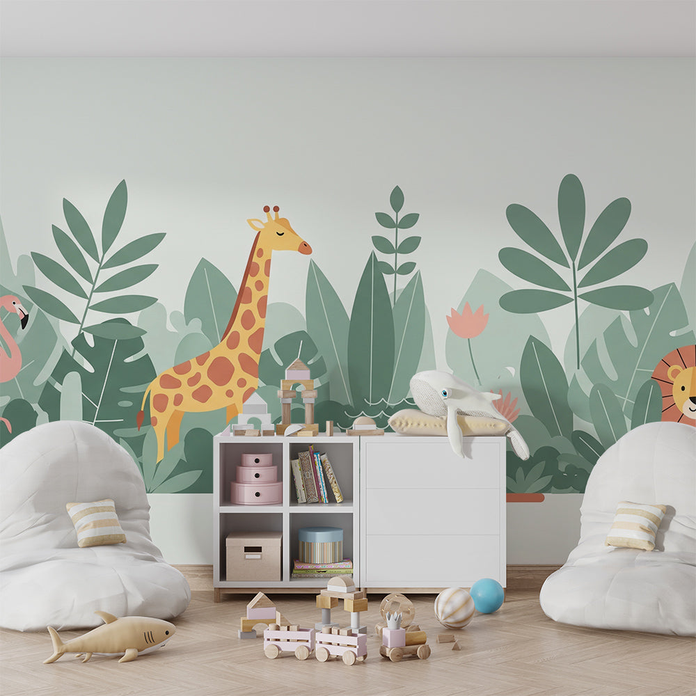 Kids-Mundo flat-style jungle safari mural on a feature wall in a child's bedroom.