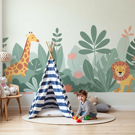Kids-Mundo giraffe and flamingo jungle wall mural in a calm sage green nursery with a cot.