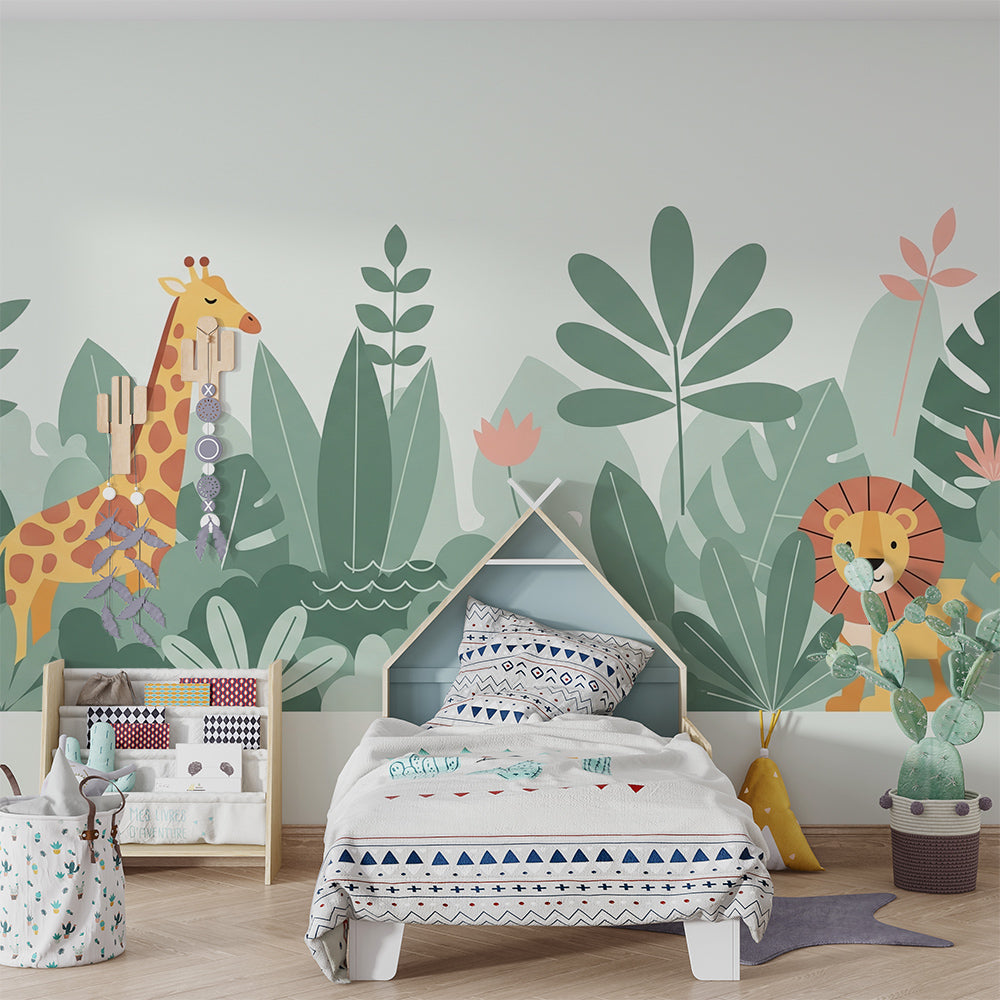 Kids-Mundo giraffe, flamingo and lion mural brightening a playroom wall beside shelving.