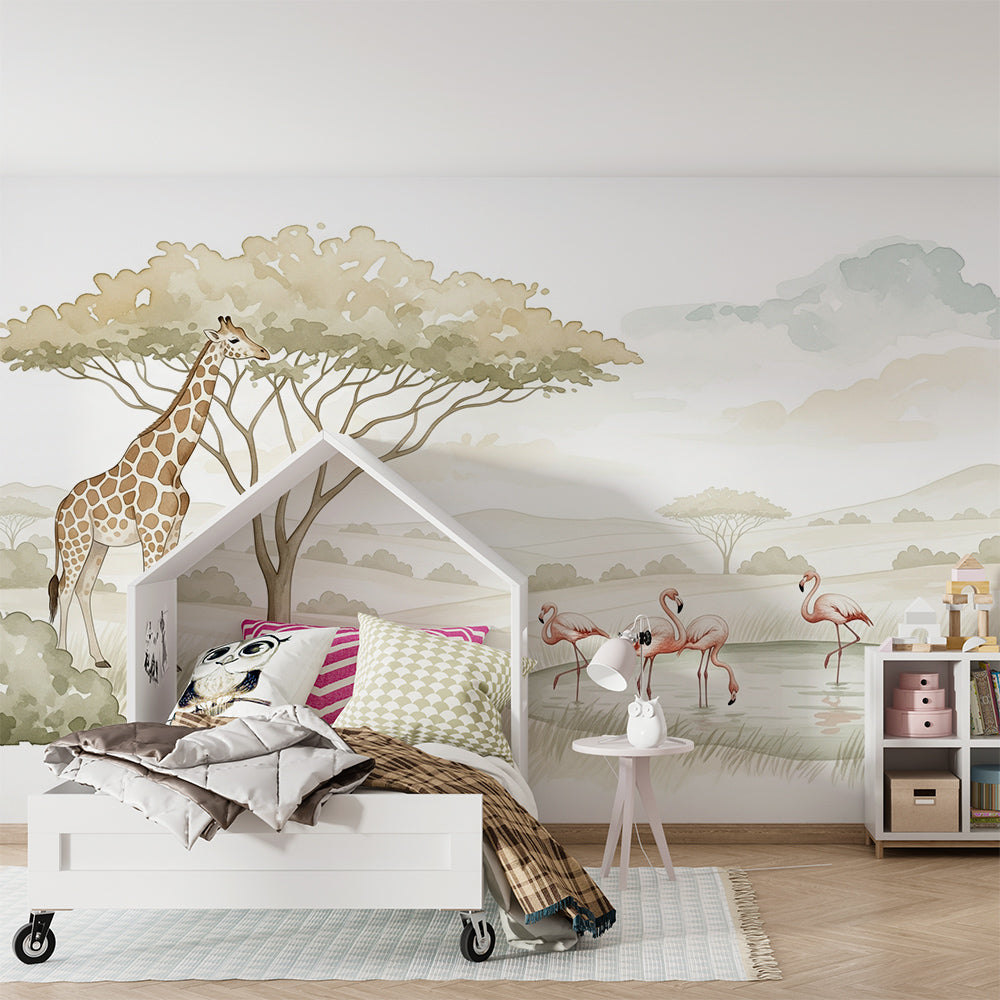 Kids-Mundo watercolour giraffe wall mural made to measure on a feature wall in a kids bedroom