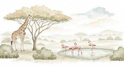 Kids-Mundo flat artwork preview of the watercolour giraffe and flamingo savanna mural