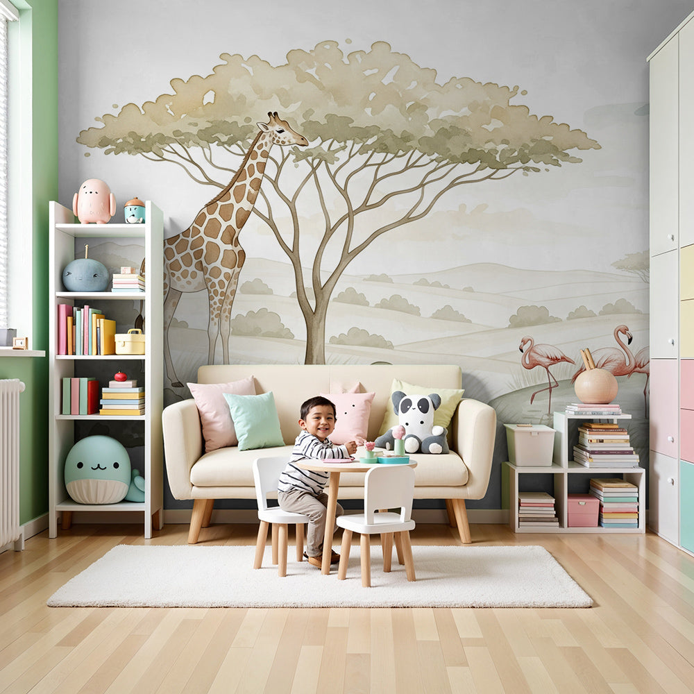 Kids-Mundo giraffe and flamingo savanna wall mural made to measure in a calm neutral nursery