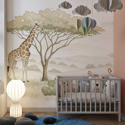 Kids-Mundo giraffe family mural made to measure, styled on a playroom accent wall today