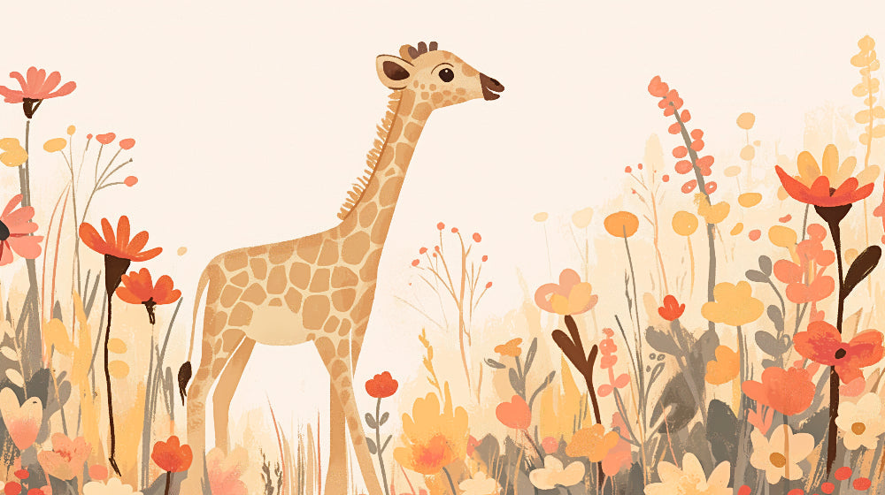 Detailed giraffe and flowers mural wallpaper design pattern in pink and yellow by Kids-Mundo