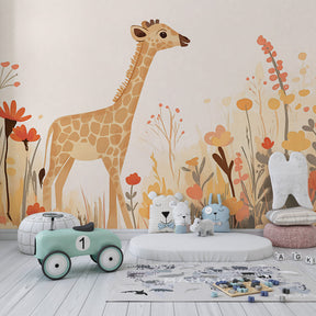 Floral giraffe mural wallpaper with pastel flowers in cozy toddler bedroom setting
