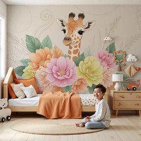 Giraffe floral mural wallpaper in bright nursery with natural wood furniture by Kids-Mundo