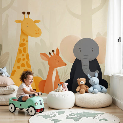 Kids-Mundo giraffe, gazelle and elephant wall mural styled in a soft nursery