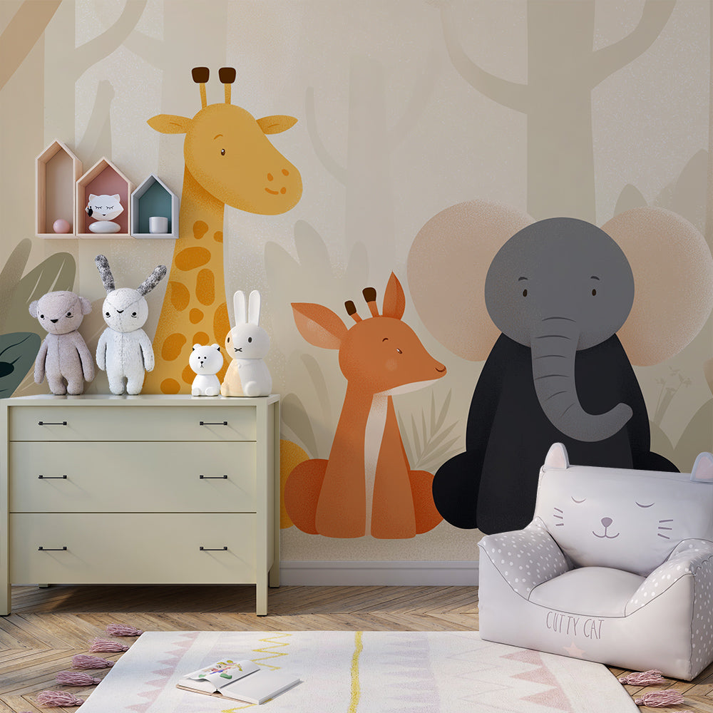 Kids-Mundo giraffe and elephant jungle mural brightening a kids playroom