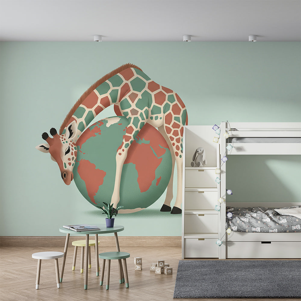 Kids-Mundo giraffe world map mural fitted along a kids bedroom feature wall