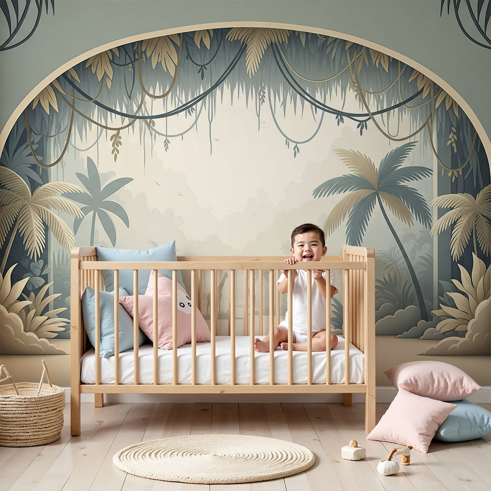Kids-Mundo jungle archway wall mural with distant giraffes shown in a soft green nursery room