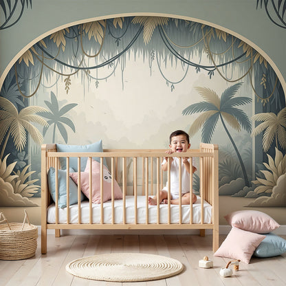 Kids-Mundo jungle archway wall mural with distant giraffes shown in a soft green nursery room