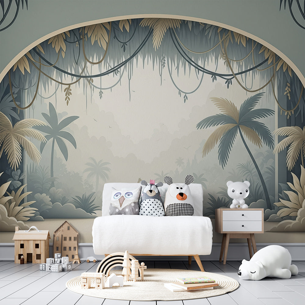 Kids-Mundo jungle archway wall mural bringing a misty green scene into a quiet playroom
