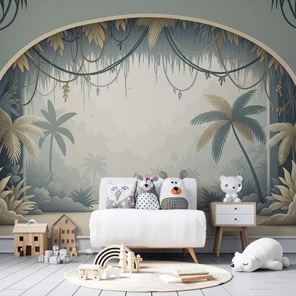 Kids-Mundo jungle archway wall mural bringing a misty green scene into a quiet playroom