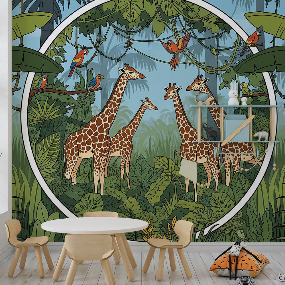 Kids-Mundo giraffe family wall mural covering a feature wall in a child's bedroom with banana trees.
