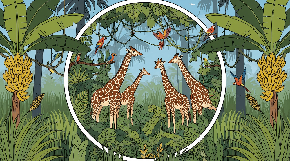 Giraffe Family in a Jungle Circle Wall Mural