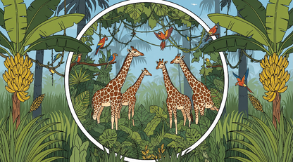 Kids-Mundo flat artwork of a giraffe family inside a circular jungle frame with banana trees and parrots.