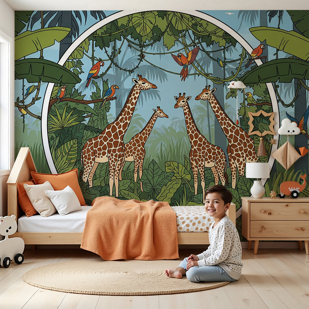 Kids-Mundo giraffe jungle wall mural shown as a wallpaper feature behind a cot in a nursery.