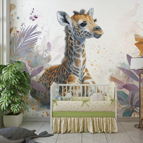 Tropical safari wallpaper creating peaceful kids bedroom with purple and orange tones
