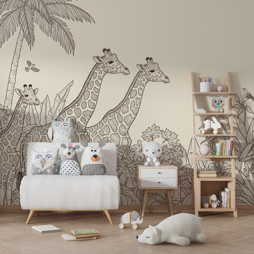 Safari giraffe wallpaper transforming kids bedroom into exotic jungle adventure space