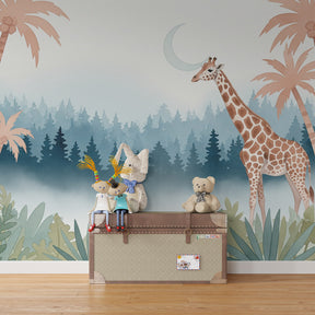 Majestic giraffe mural wallpaper transforming children's bedroom into tropical adventure space