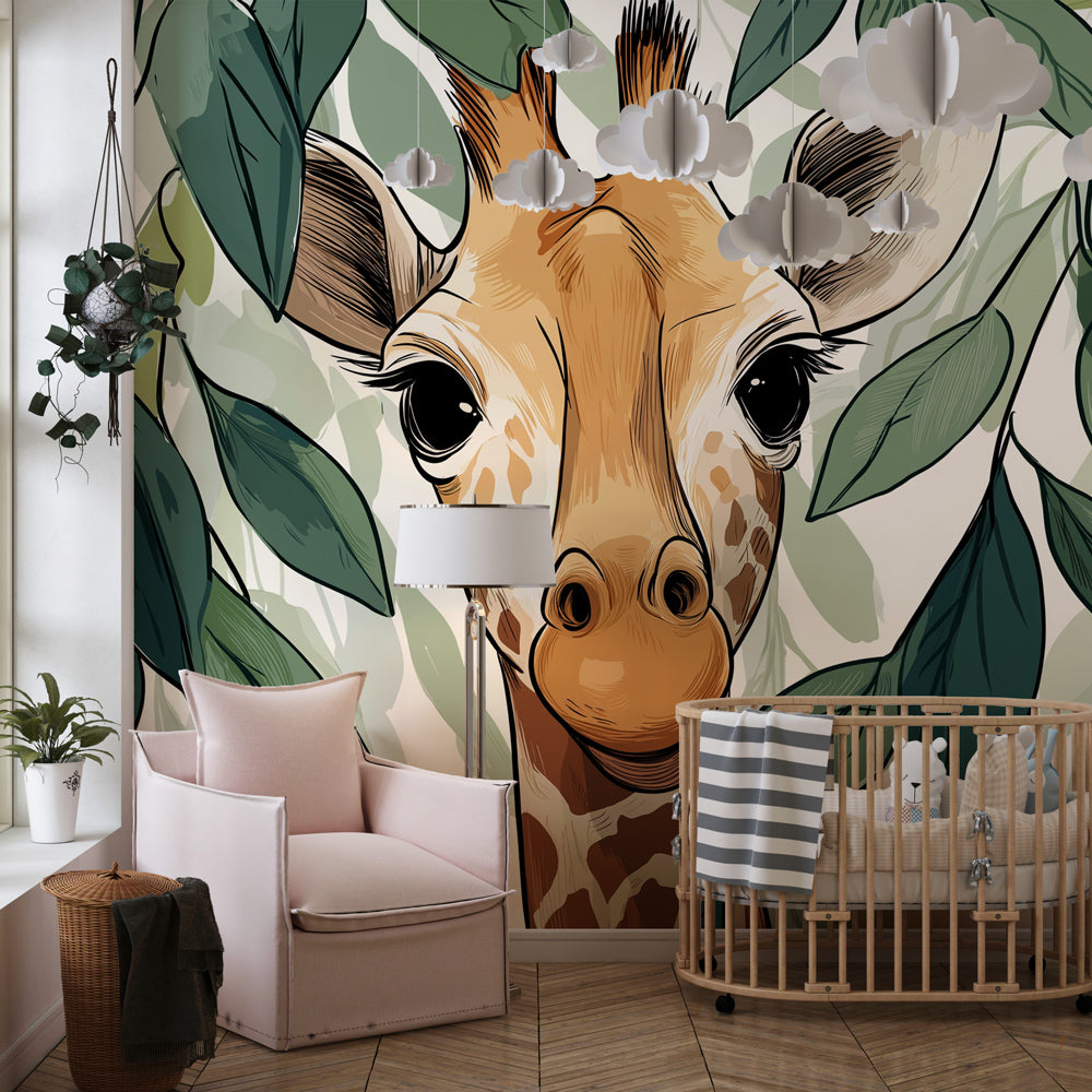 Jungle themed mural wallpaper transforming children's bedroom into safari adventure space