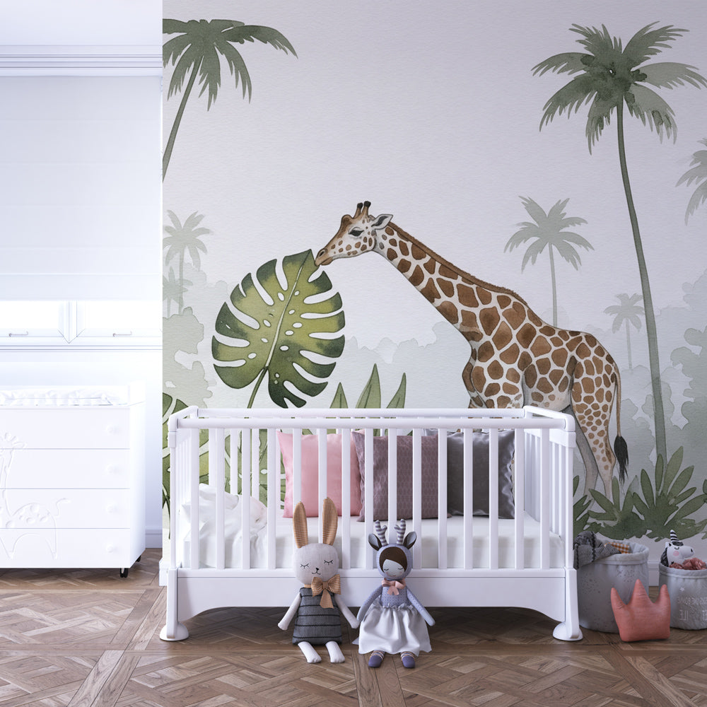 Tropical giraffe wallpaper in modern kids bedroom with natural wood furniture by Kids-Mundo