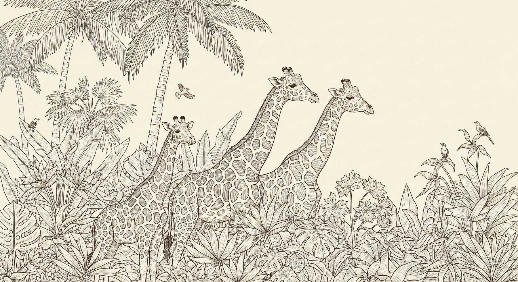 Detailed giraffe jungle mural wallpaper design pattern with tropical foliage by Kids-Mundo