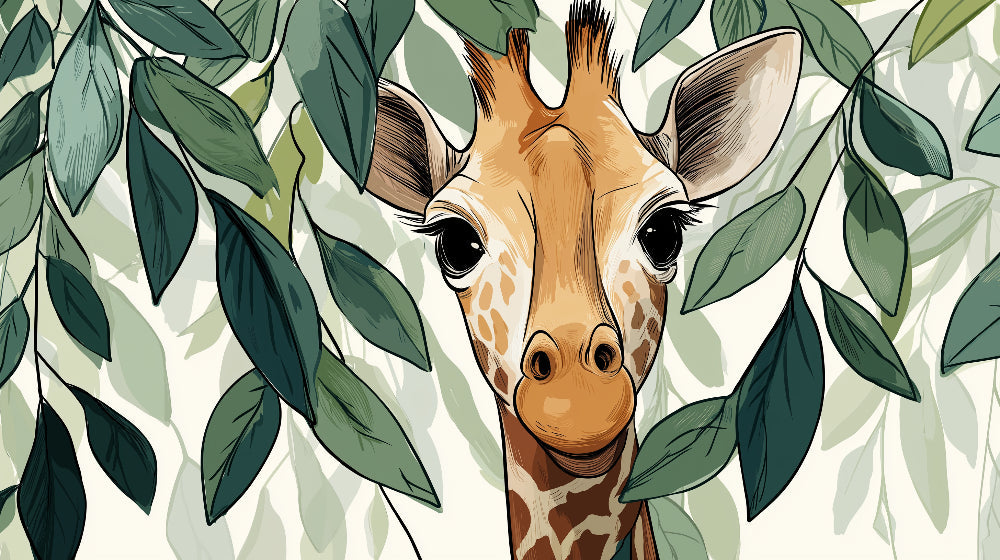 Detailed giraffe jungle mural wallpaper design pattern with lush foliage by Kids-Mundo
