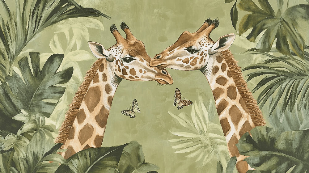 Detailed giraffe jungle mural wallpaper design pattern showing elegant safari animals and tropical vegetation