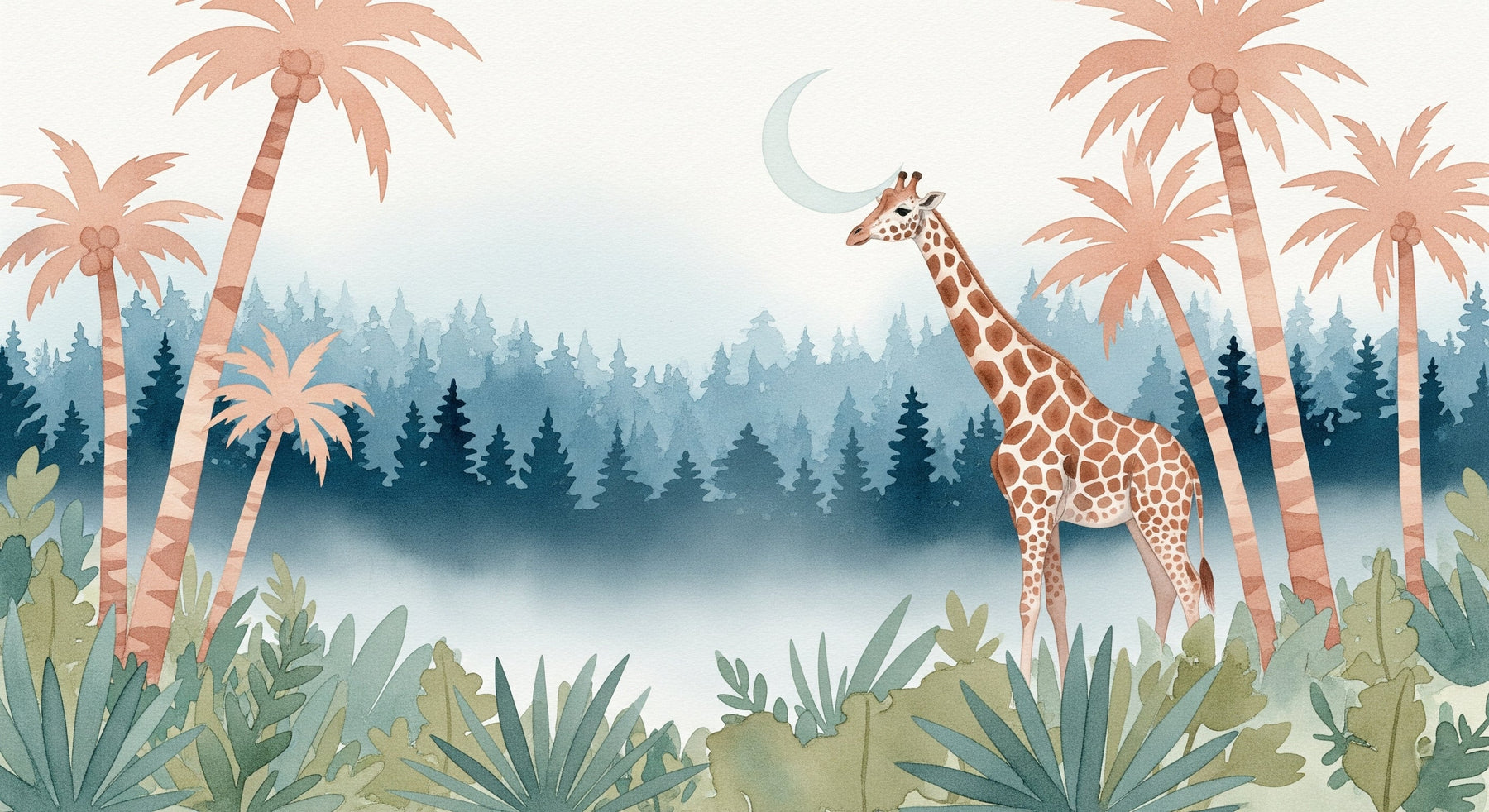 Detailed giraffe jungle mural wallpaper design pattern showing tropical safari artwork by Kids-Mundo