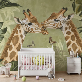 Safari themed giraffe mural wallpaper creating peaceful atmosphere in children's bedroom decor