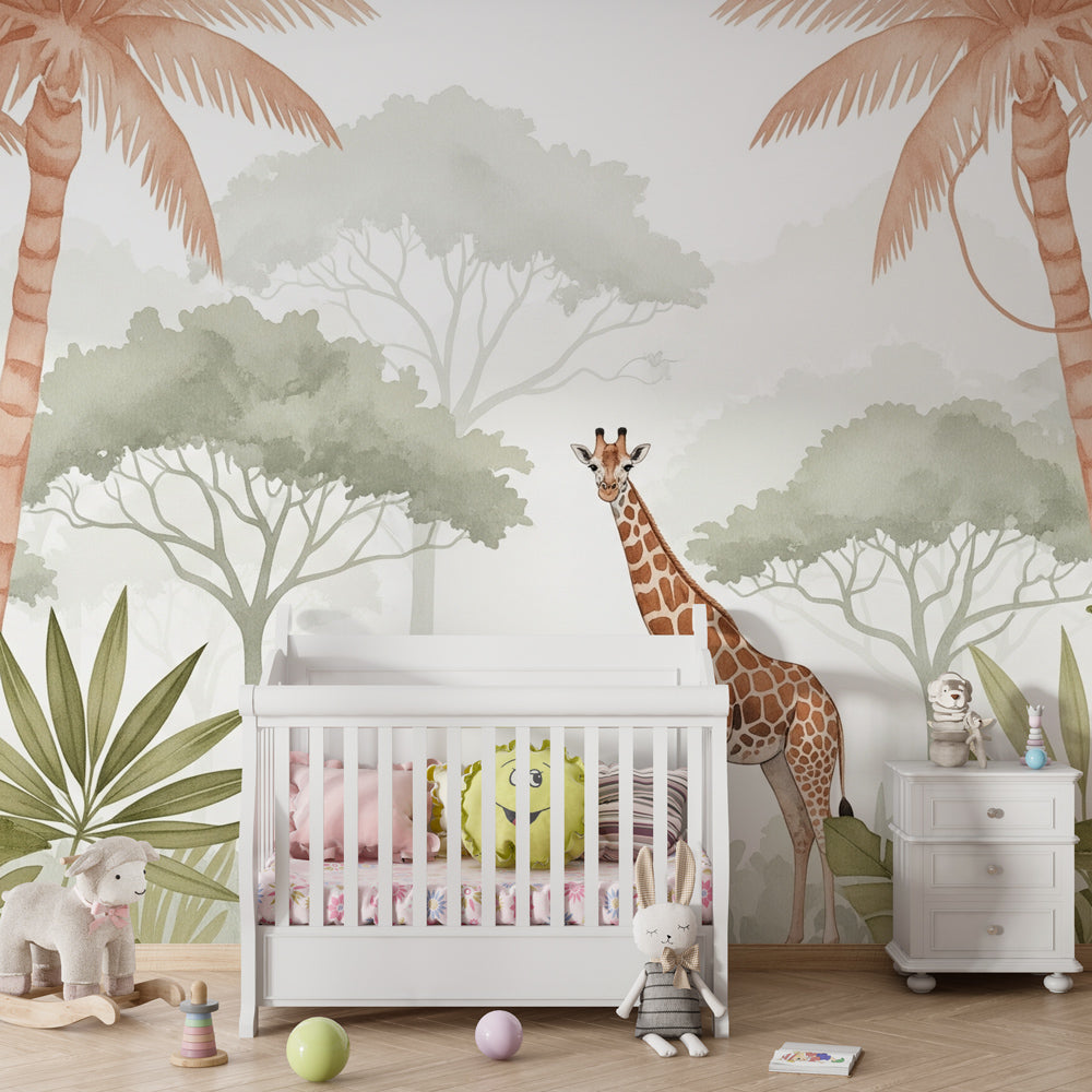 Safari themed giraffe wallpaper with natural wood furniture in cozy kids room setting